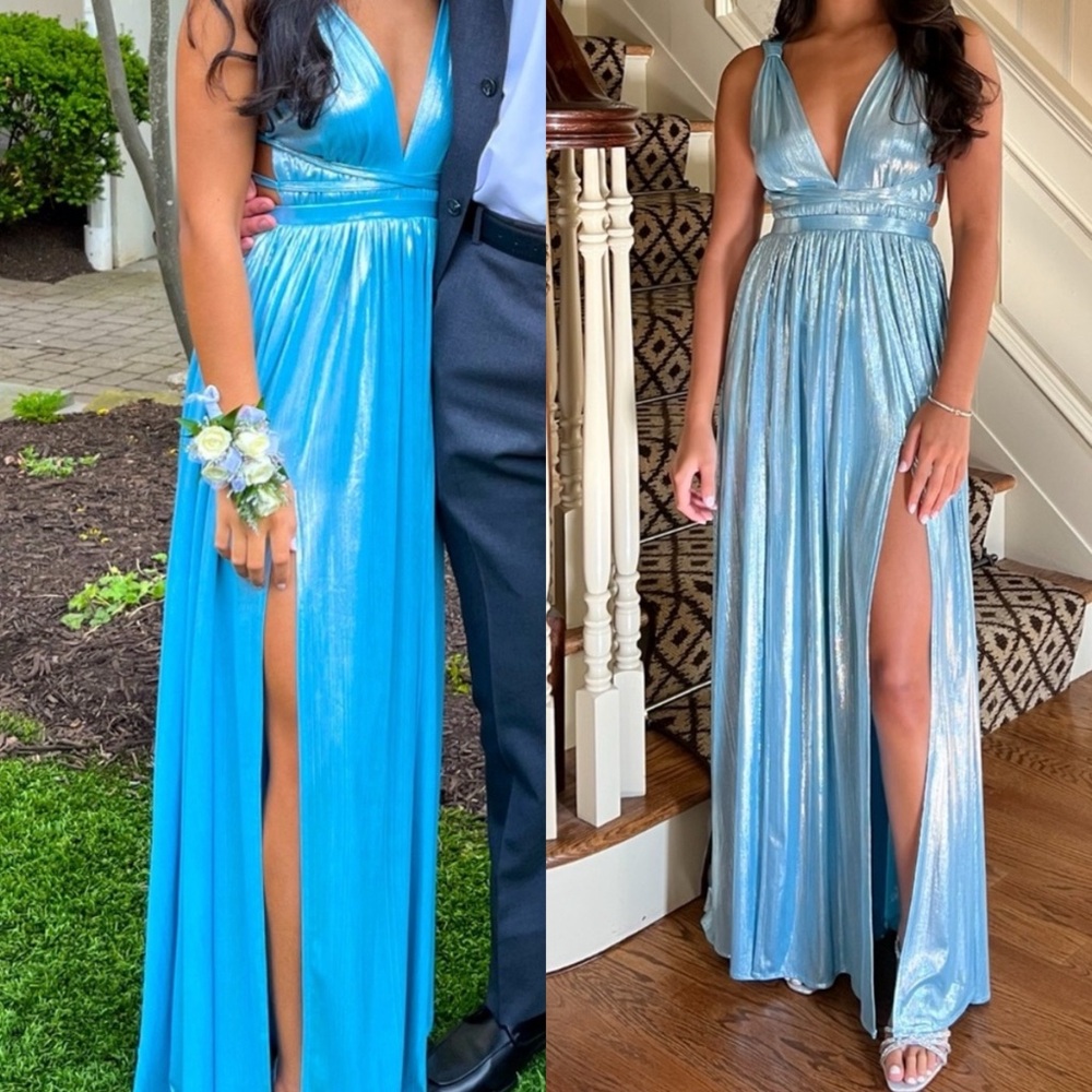 BRONX & BANCO Goddess Metallic Maxi Gown Dress in Light Blue Sz S